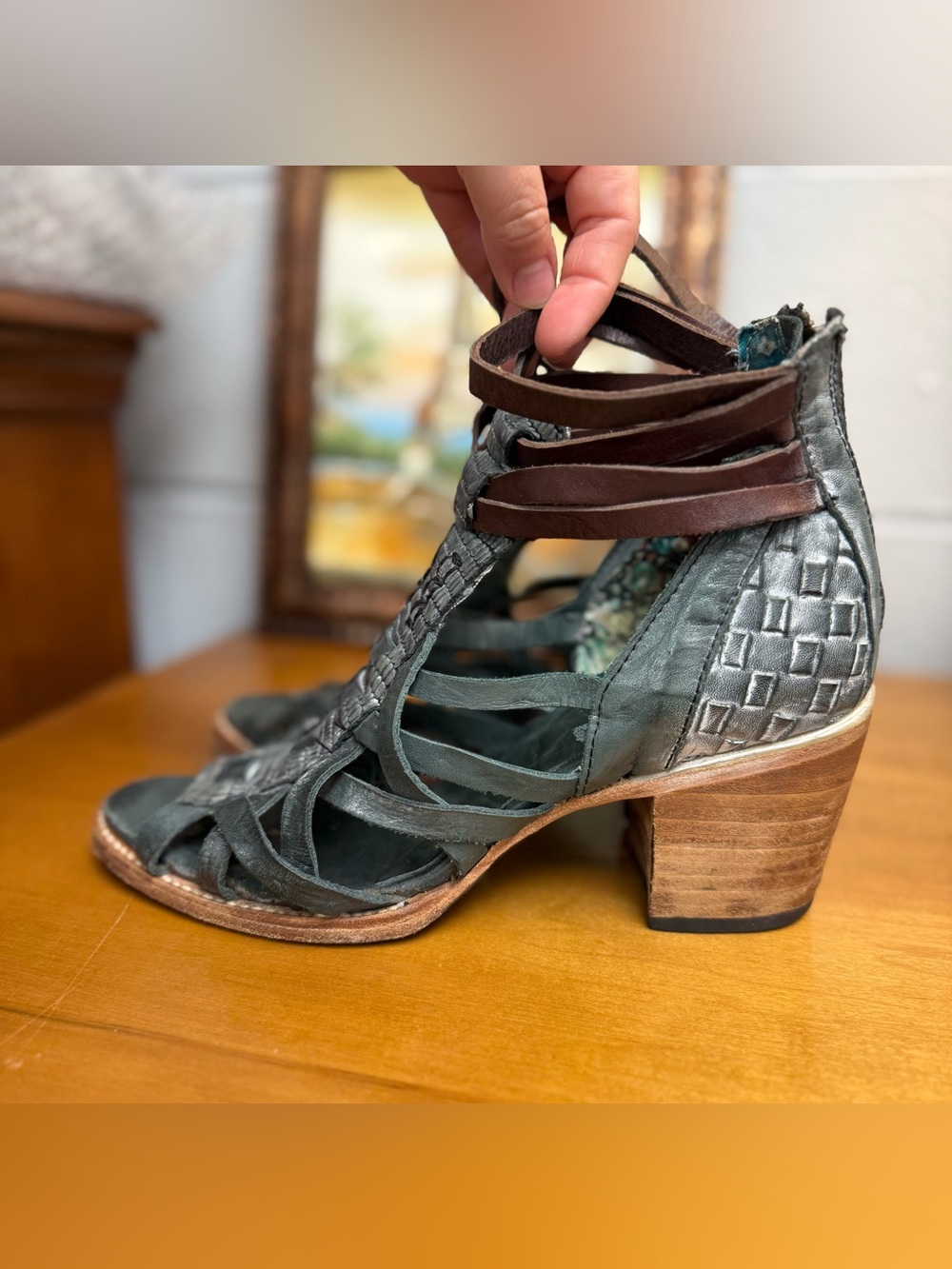 Freebird By Steven Dark Teal Leather Block Heel Sandals Brown Ankle Straps Sz 9